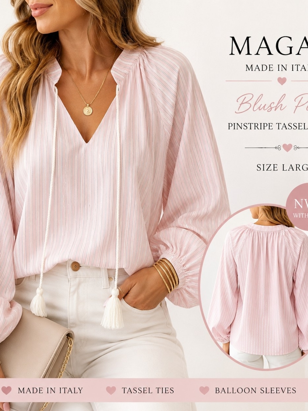 NWT MAGAR Made in Italy Blush Pink Pinstripe Tassel Blouse| SZ L